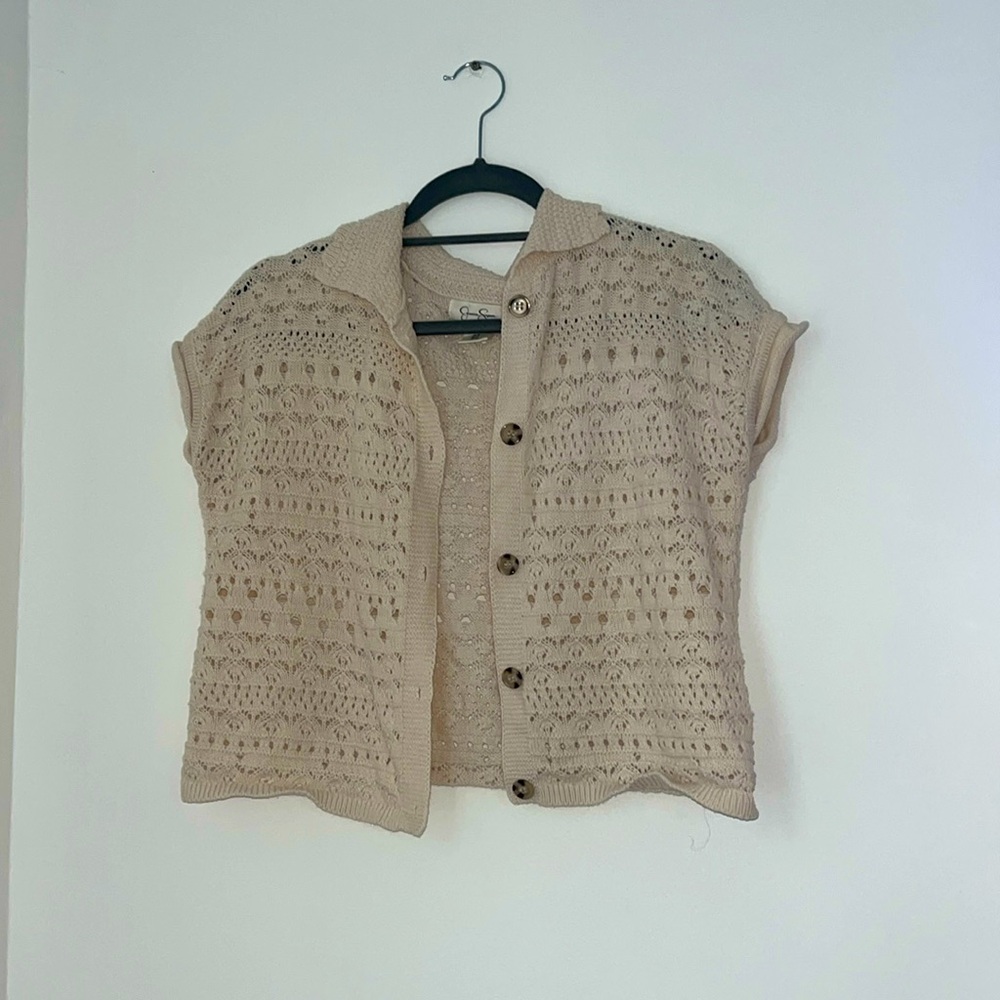 Cream Colored Crotchet Short Sleeve Button Up